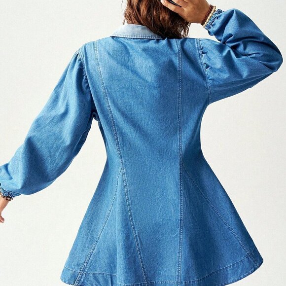 Dark Wash Casual Women's Loose Denim Long Sleeve Mini Dress - Picture 2 of 8